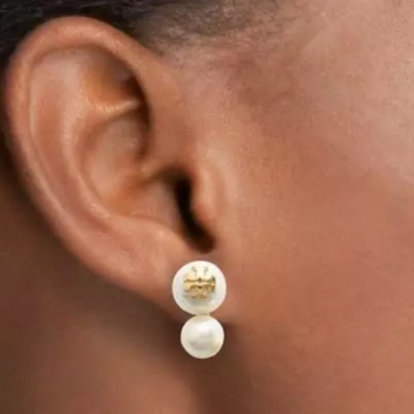 Tory Burch "Evie" Gold Double Drop Pearl Earrings - Picture 3 of 5